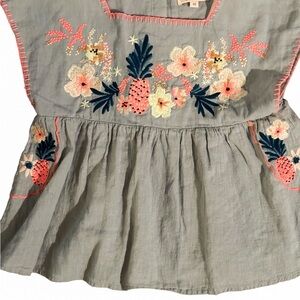 Louise Misha French Brand Embroidered Kids Blouse - Blue Gray with Floral Design
